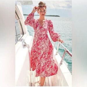 Lilly Pulitzer Tinslee Poinsettia Red Island Vibes Long Sleeve Midi Dress. EUC.
